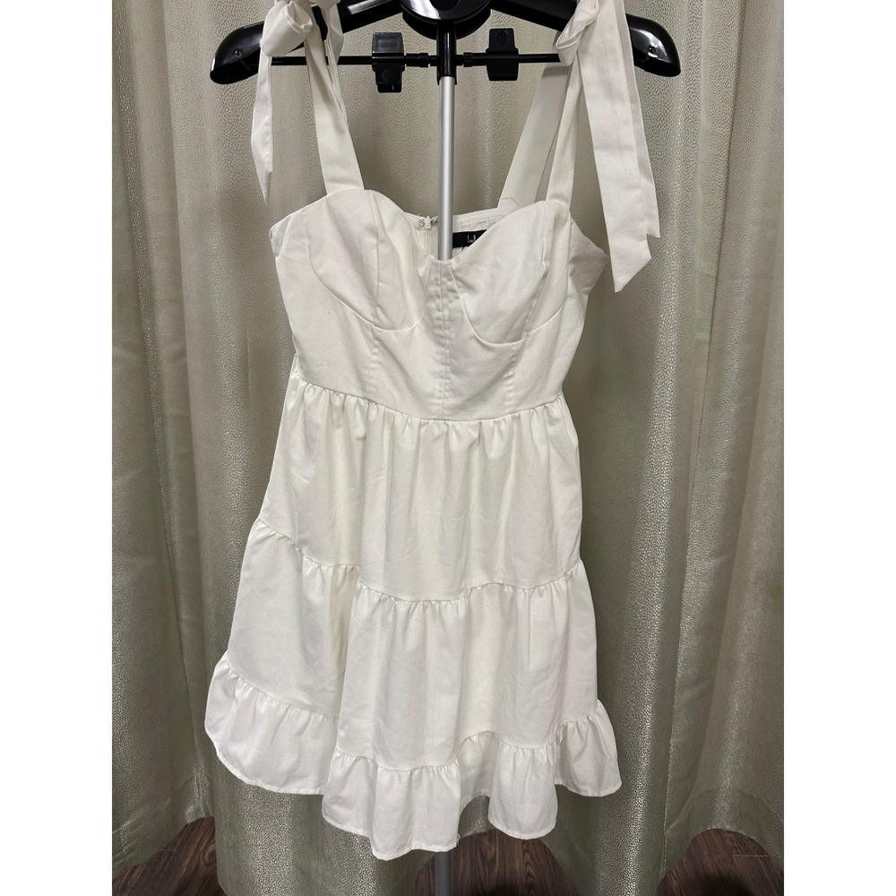 NWT Lulus White Linen-Blend Tiered Tie-Strap‎ Mini Dress - Size Large